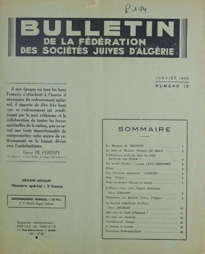 Bulletin de la Fédération des sociétés juives d’Algérie  V°03 N°19 (01/01/1936)